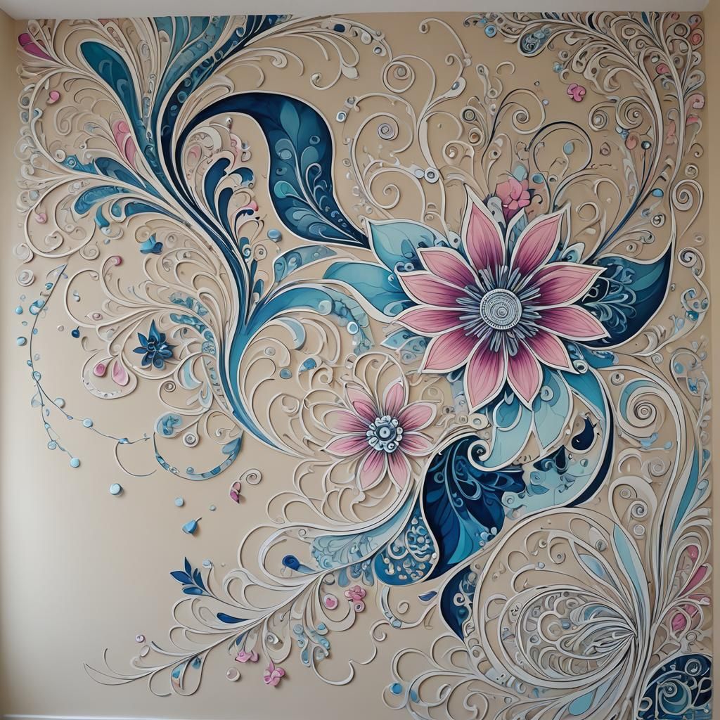 Spa Mural with Floral and Geometric Art Deco Design