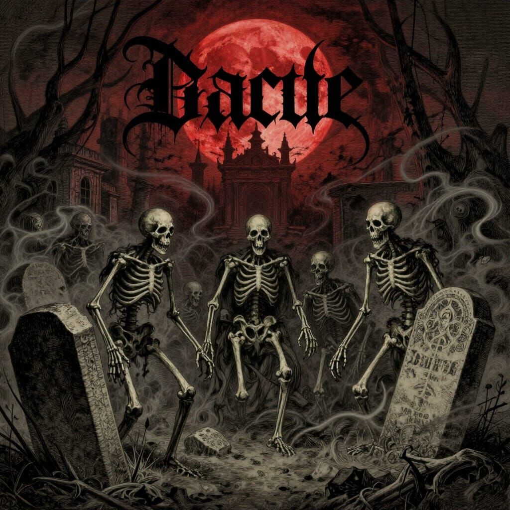 Macabre Scene of Skeletal Figures Under Blood Moon