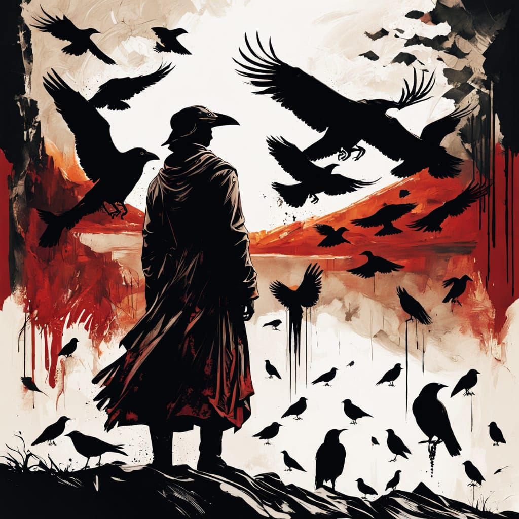 Crows' Desolate Landscape in Moody Ink Expressionism