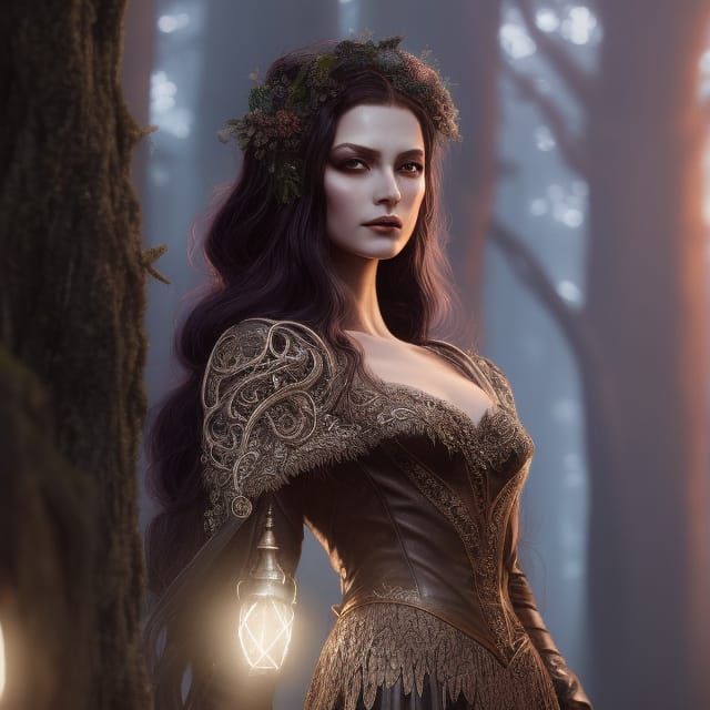 Luminous Hedge Witch Portrait in Hyperrealistic Style