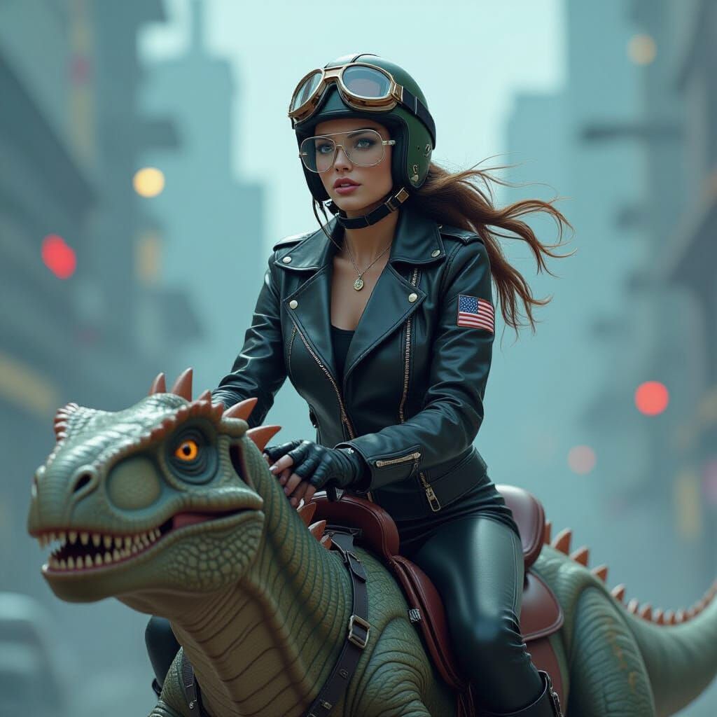 Girl Rides Dinosaur in Sci-Fi Style