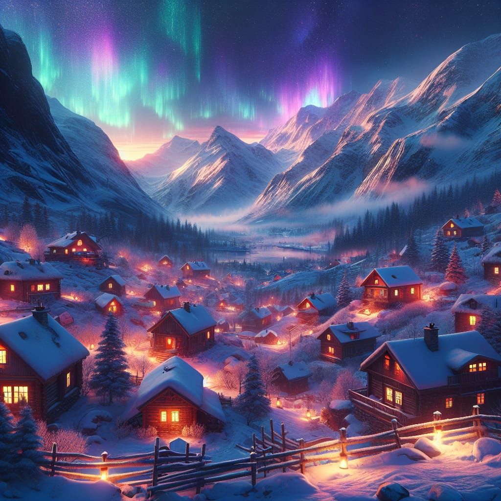 Snowy Mountain Village at Dusk in Anime Style