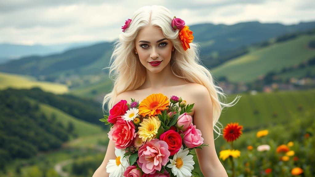 Aphrodite Made of Flowers in a Green Valley