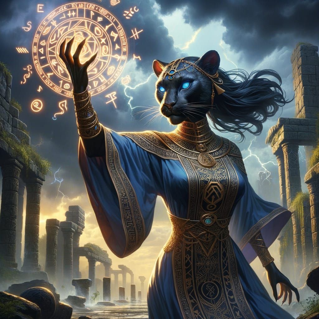 Panther Wizard Casting Spell in Ancient Ruins