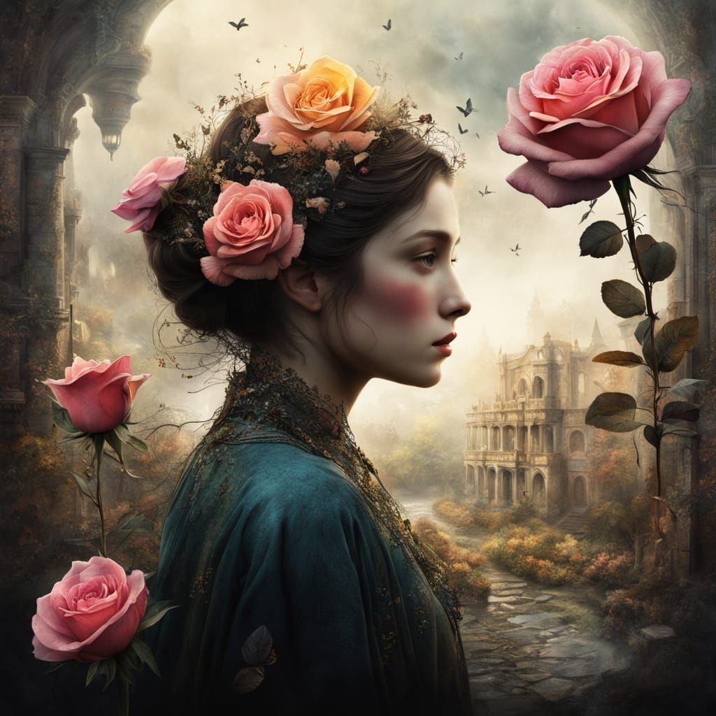 Roses Bloom with Poetry: Double Exposure Watercolor