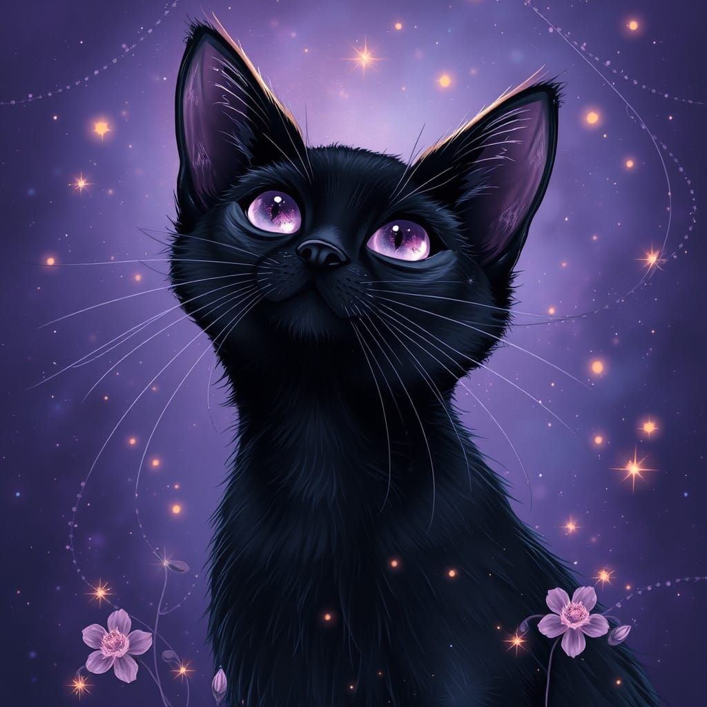 Celestial Feline Ascends with Glowing Purple Eyes