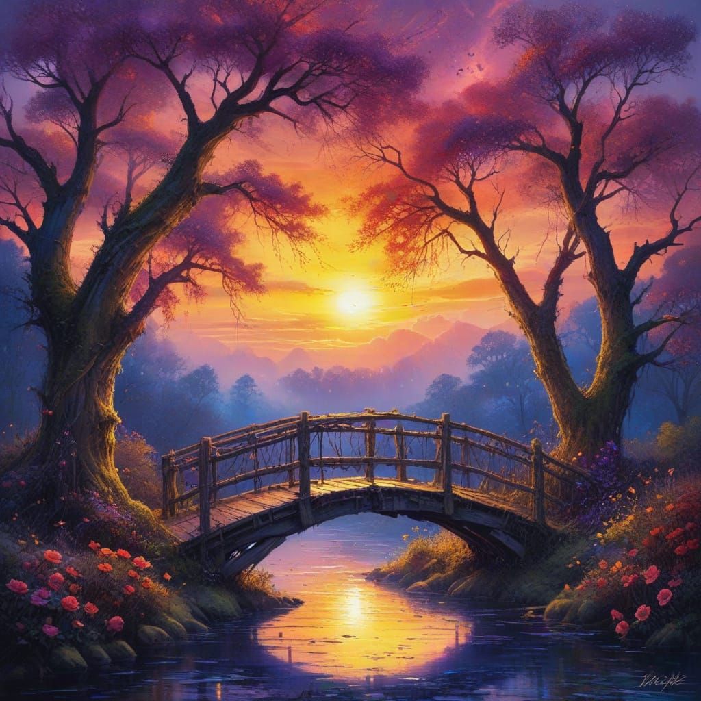 Autumn Sunset on a Wooden Bridge in Mossy Woods