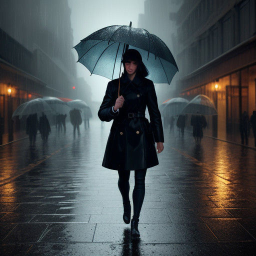 Rainy Cityscape with Vintage Umbrella in Hyperrealistic Spla...