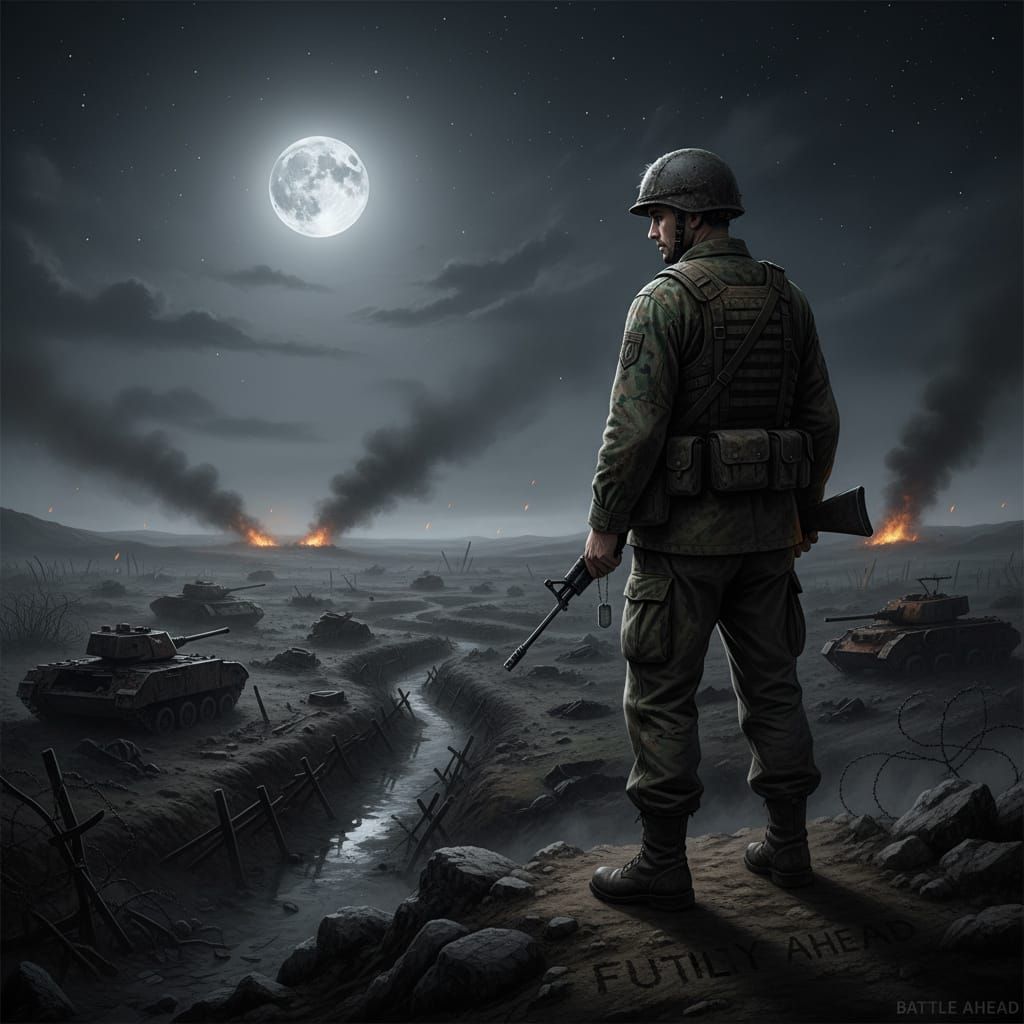 Soldier Ponders War's Futility on Moonlit Battlefield
