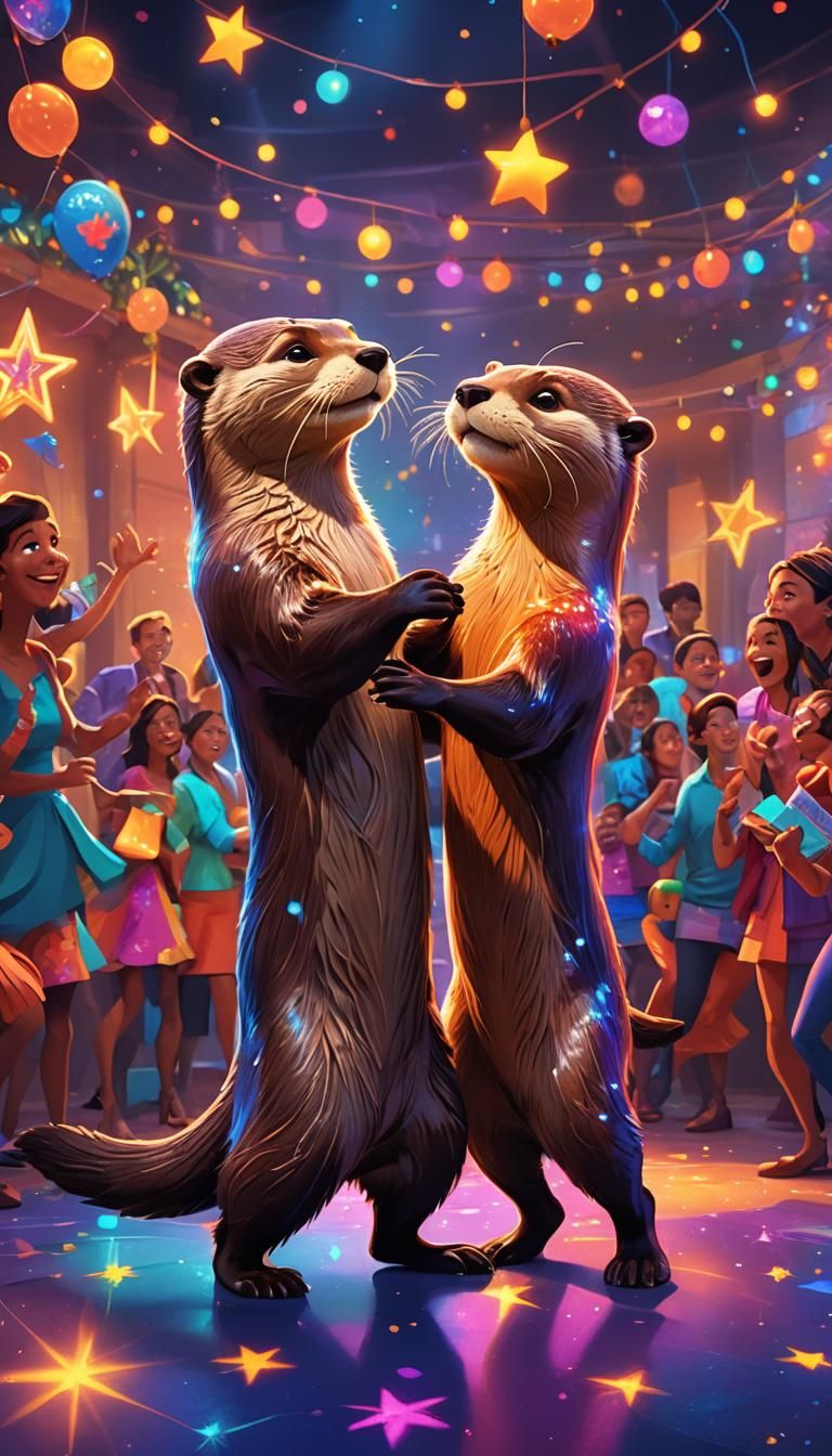 Playful Otters Dancing at Party in Pixar Style