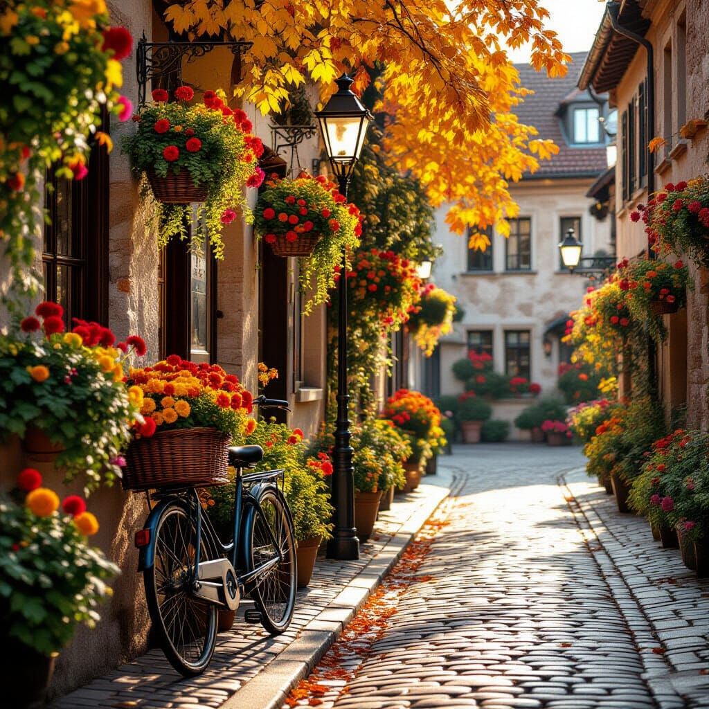 Autumn Cobblestone Street with Vintage Bicycle