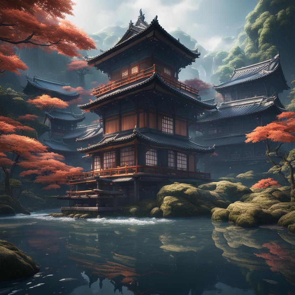 Japanese Architecture in Forest Landscape: Digital Matte Pai...