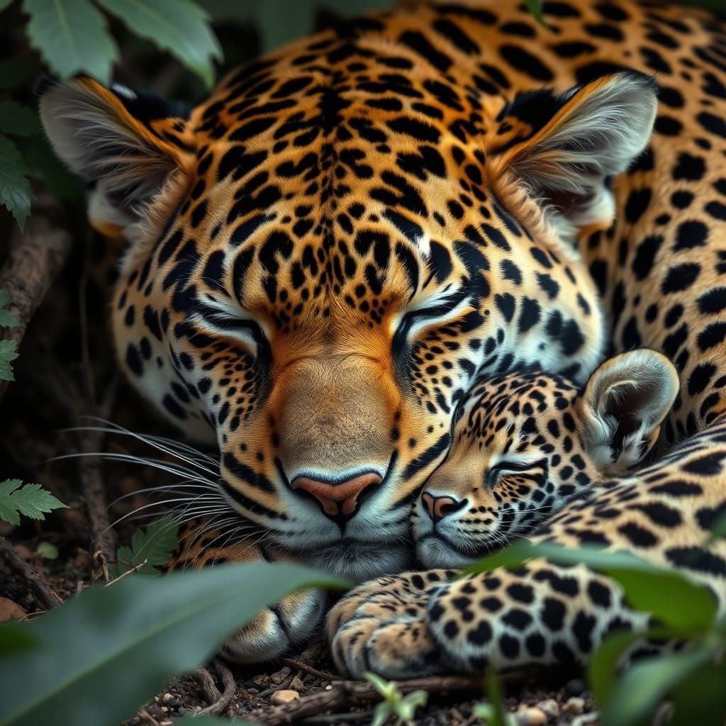 Jaguar and Cub Napping in Rainforest