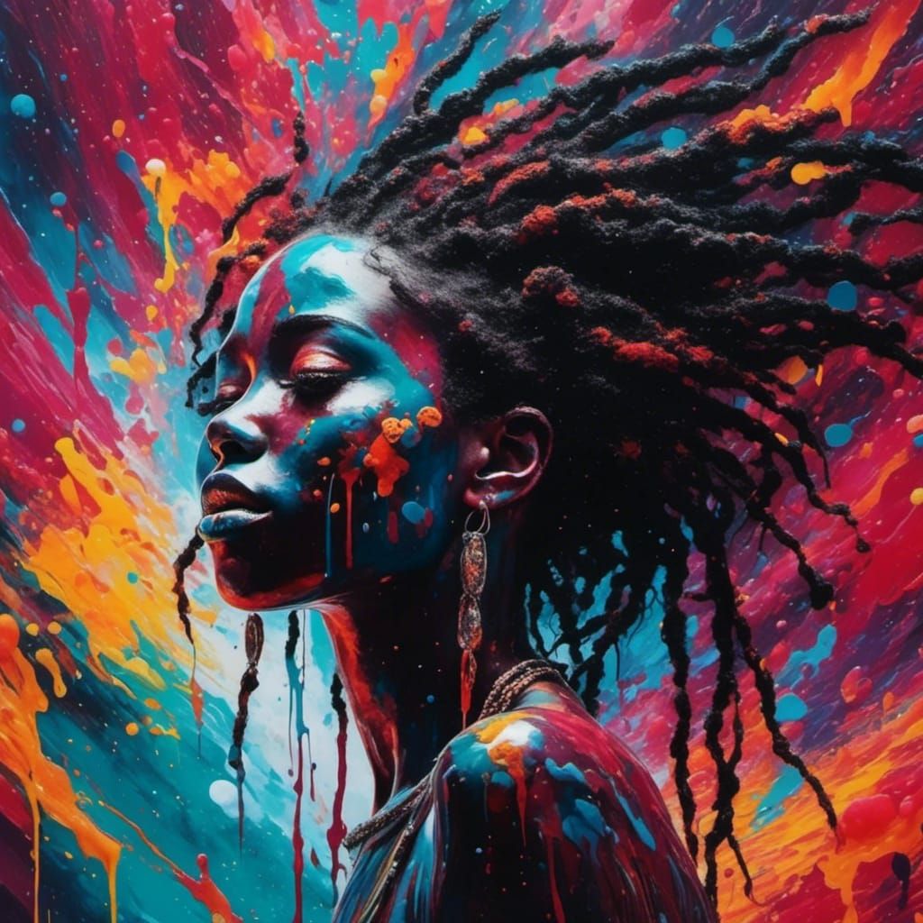 Painted Woman with Dreadlocks in Fluid Landscape