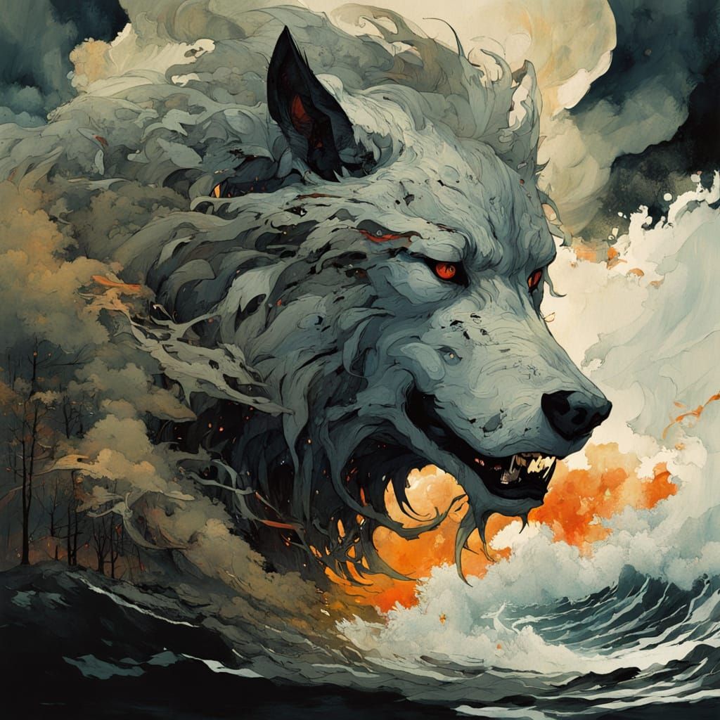 Surreal Stormy Sea Scene: Wolf-Human Hybrid Emerges