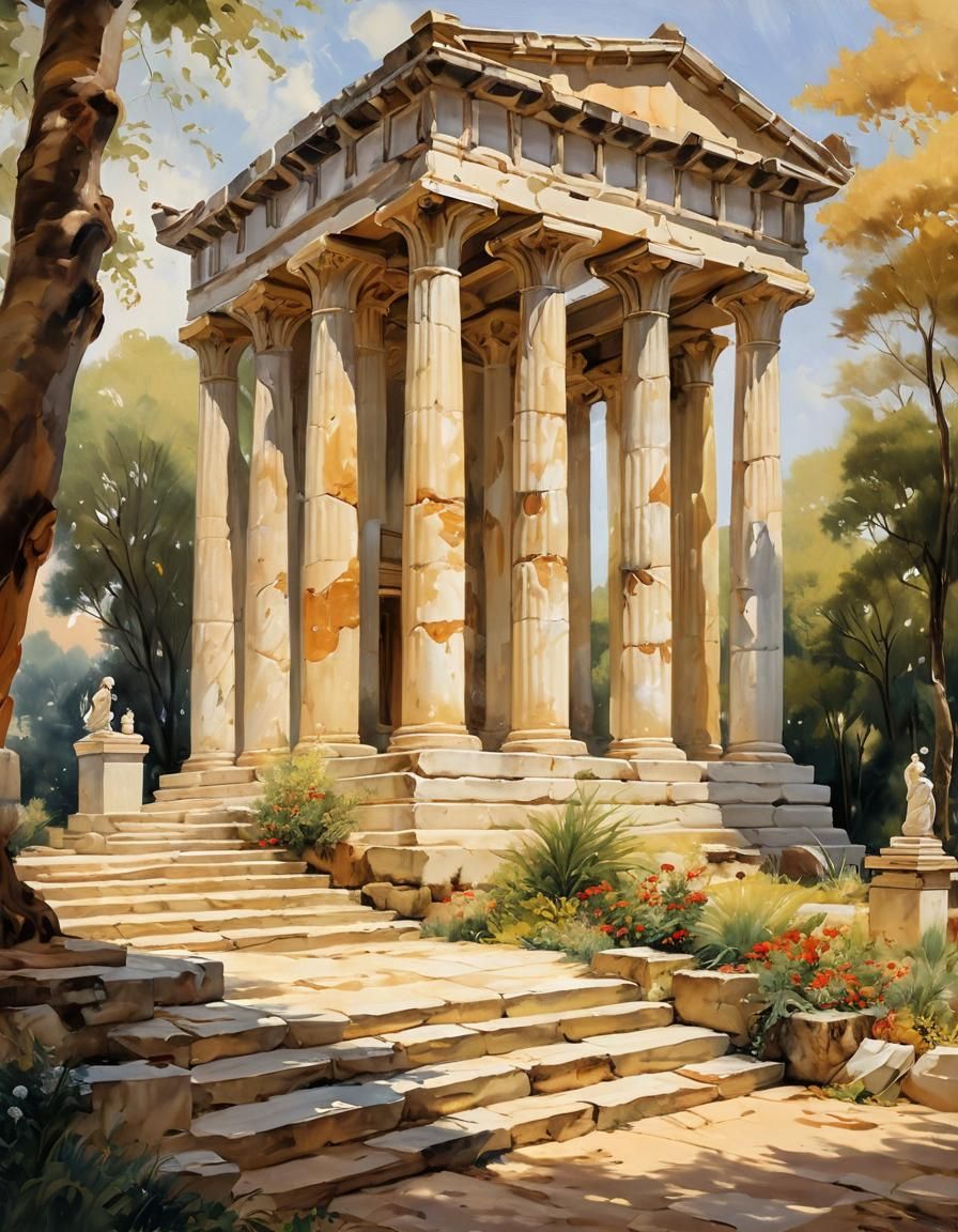 Greek Temple in Impressionist Style