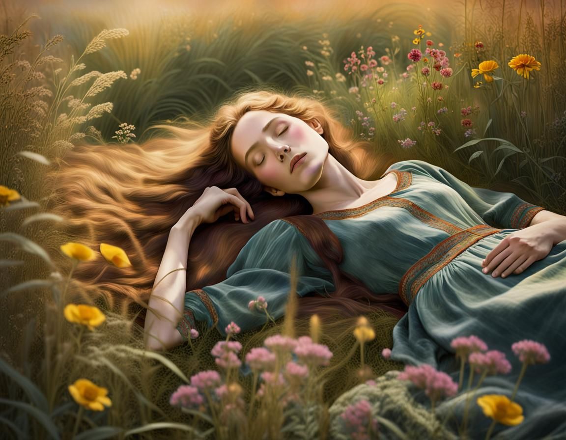 Woman Sleeping in Velvet Meadow, Pre-Raphaelite Style