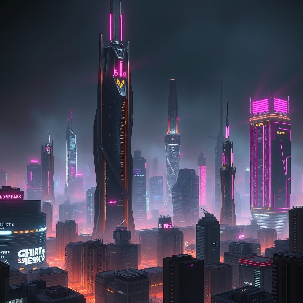 Cyberpunk Cityscape with Dystopian Skyscrapers and Neon Ligh...