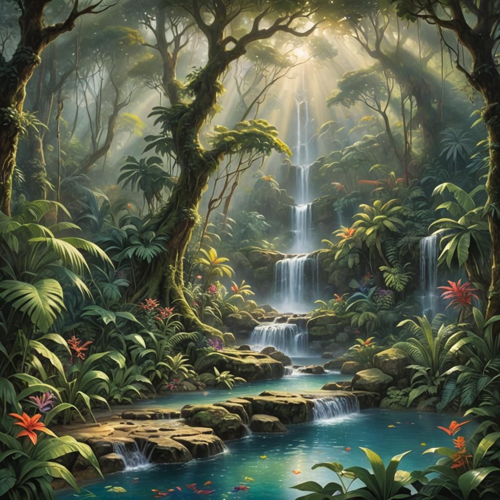 Jungle Waterfall Scene in Ethereal Fantasy Style