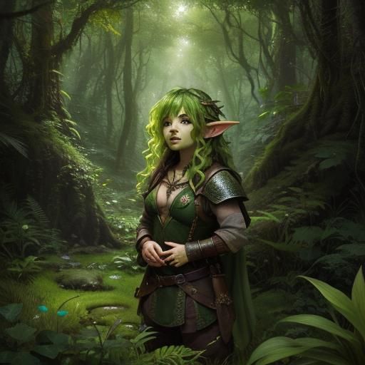 Green-Skinned Halfling in Whimsical Forest
