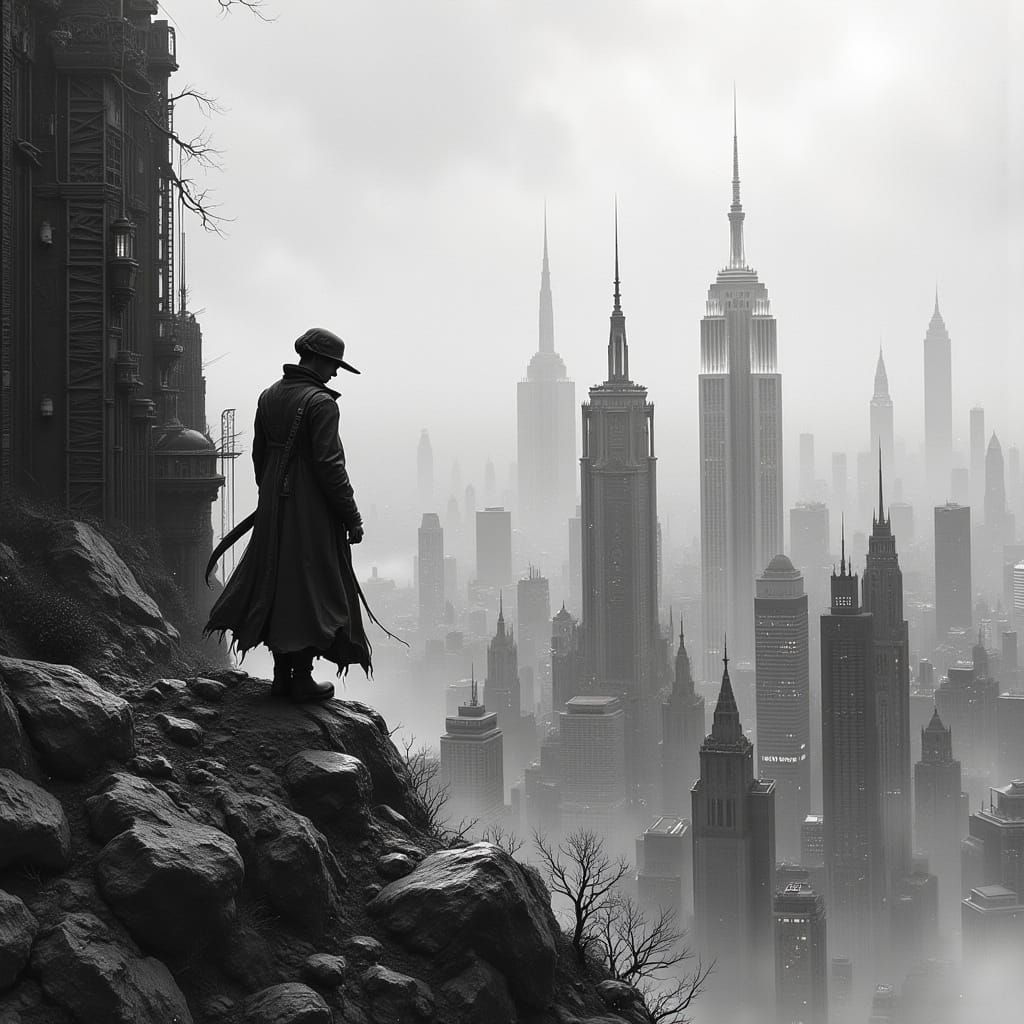 Dark Fairy Punk Figure Stands at City Edge in High-Contrast ...