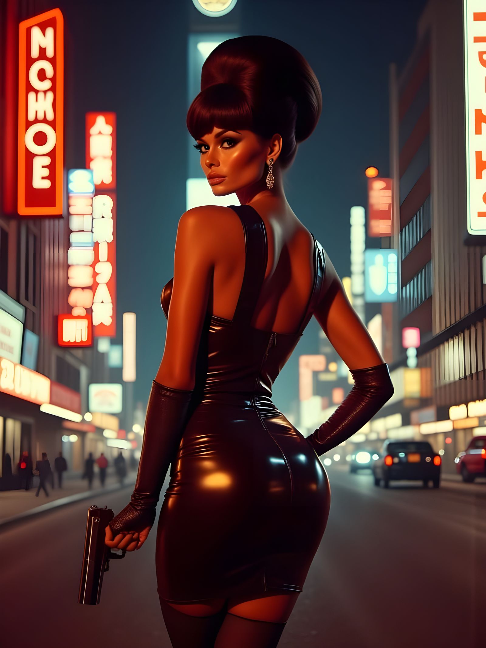 Sleek Femme Fatale in Cyberpunk Cityscape