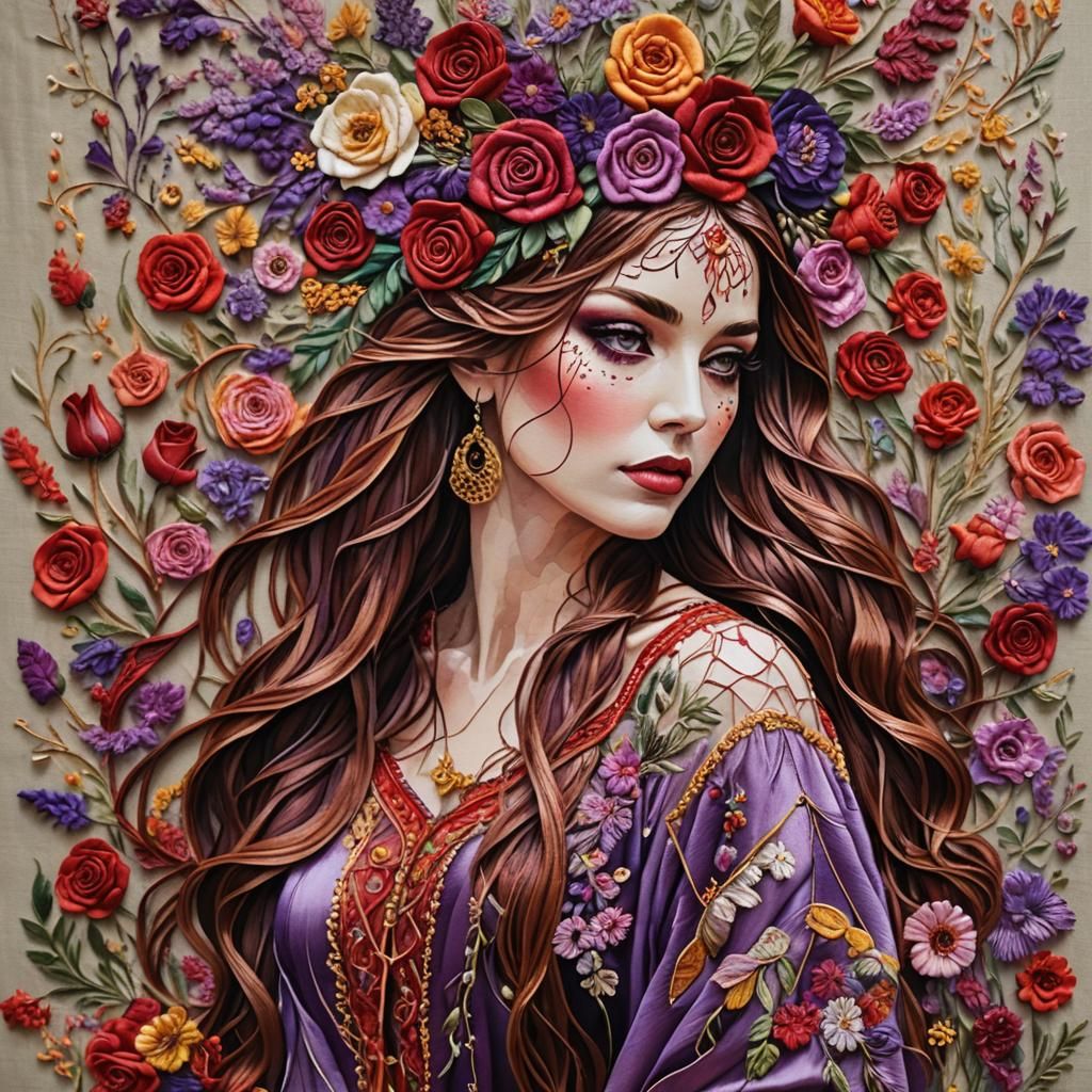 Bohemian Woven Art Tapestry with Floral Embroidery