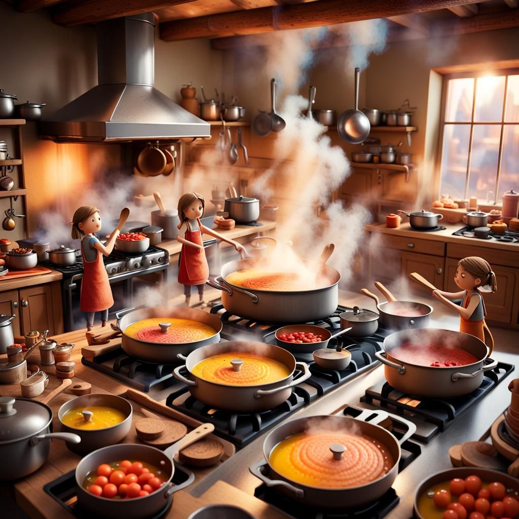 Miniature People Cooking in Giant Kitchen