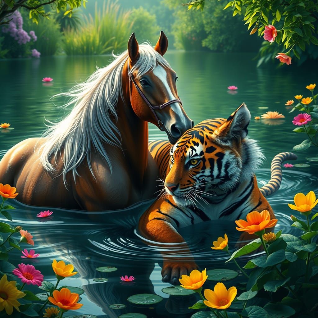 Ethereal Arabian Horse and Bengal Tiger Unite in a Lush, Vib...