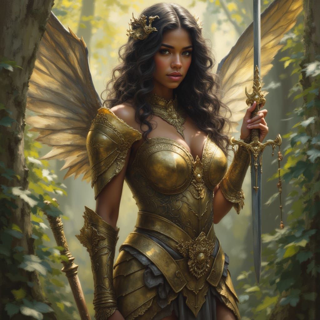 Glistening Fairy Warrior in Enchanted Forest as Vogue Photo