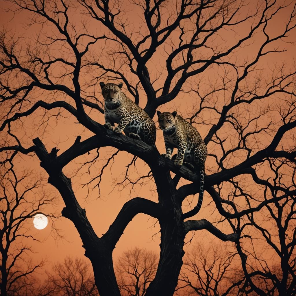 Leopard Silhouetted on Tree in Dramatic Film Noir