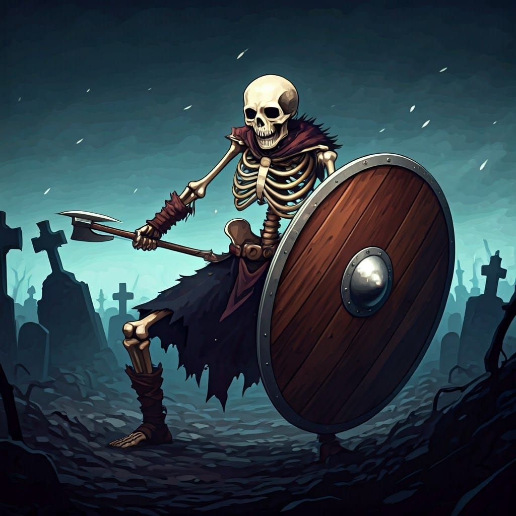 Skeletal Warrior in Anime-Style Graveyard Scene