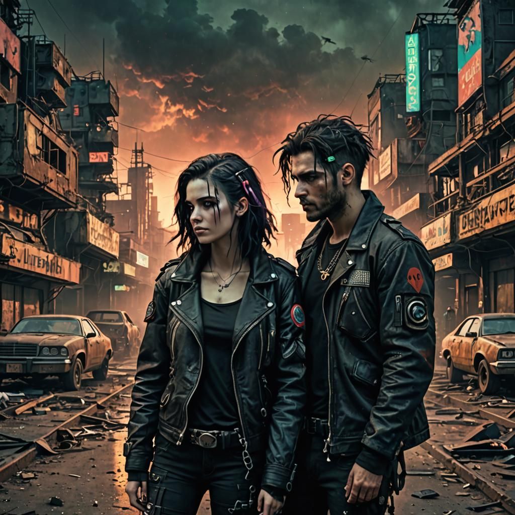 Post-Apocalyptic Couple in Cyberpunk Grunge Art