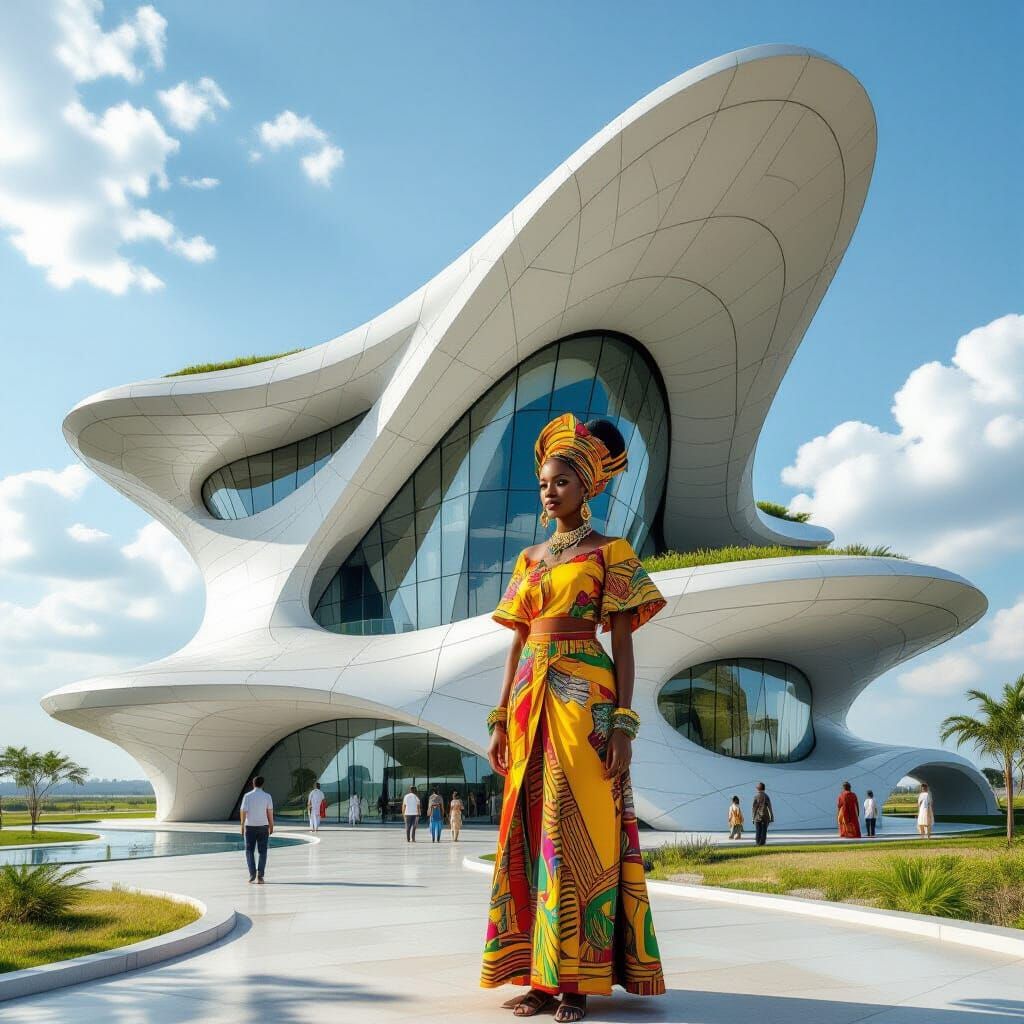 Futuristic Afro-Modernist Fortress with African Woman