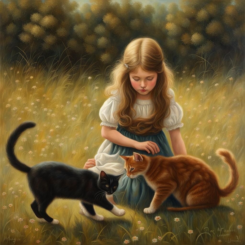 Girl and Cat in Meadow: Surreal Photomontage