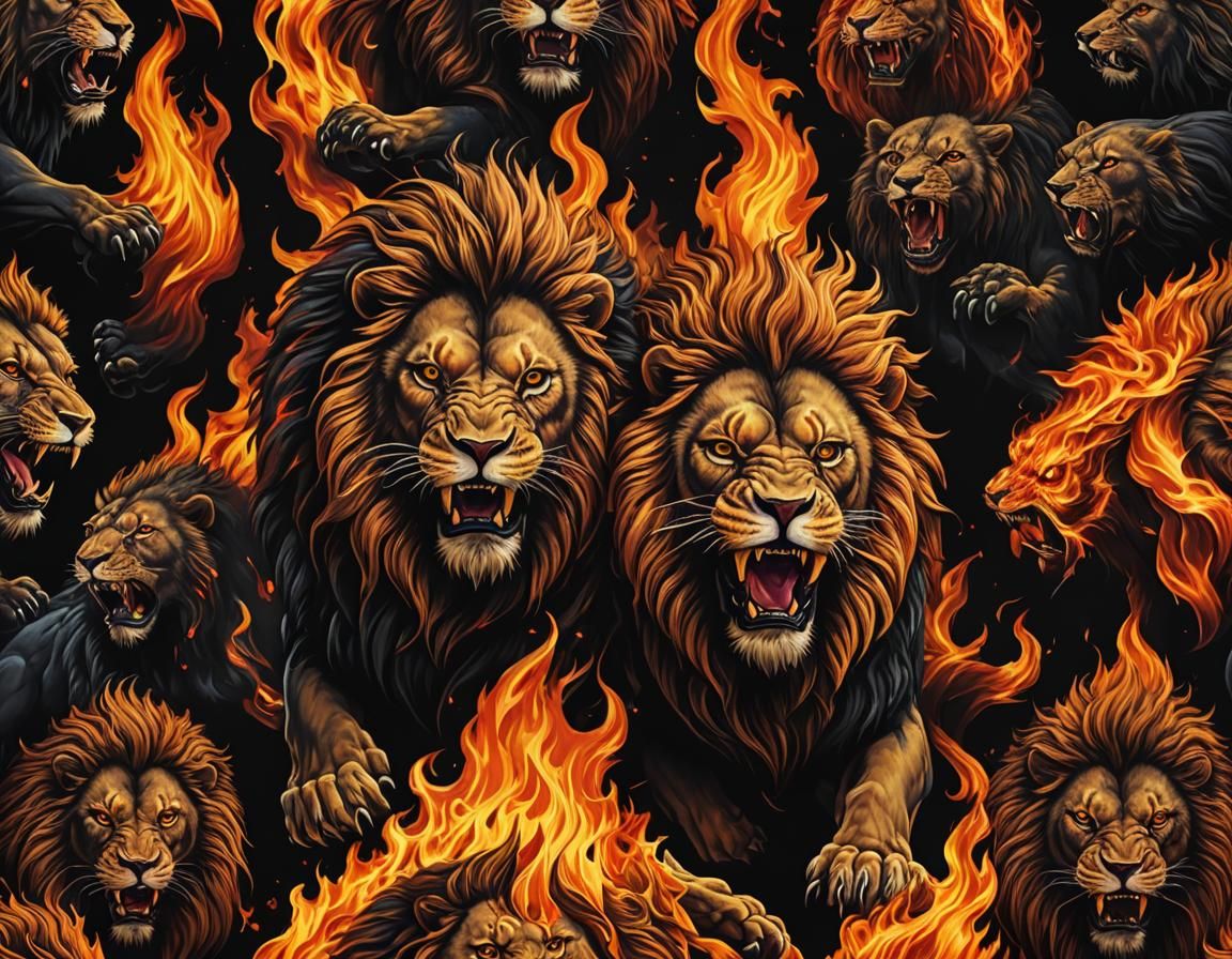 Lion Surrounded by Flame Monsters on Black Background