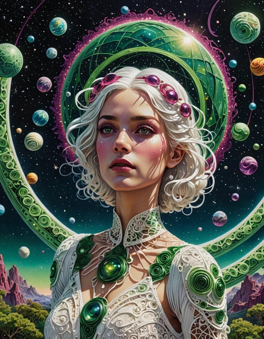 Galactic Woman Floating in Starry Sky: Pointillism Art