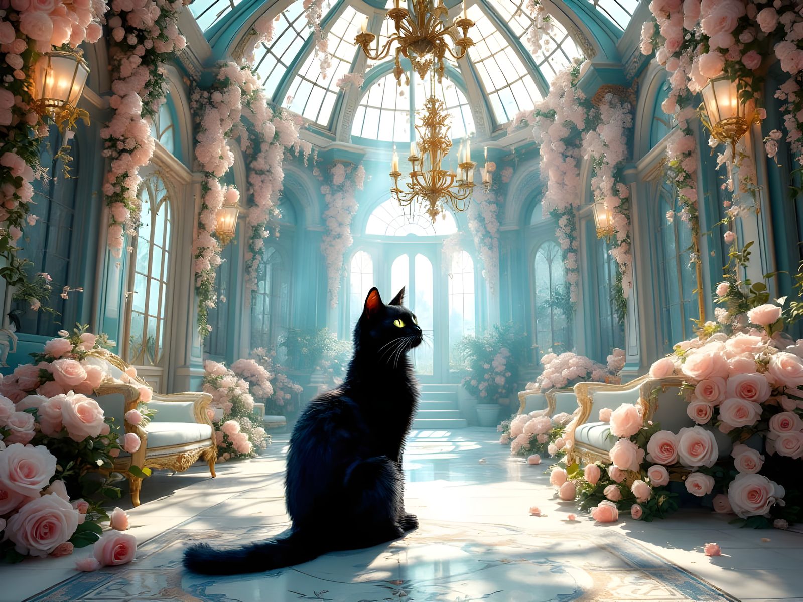 Ethereal Black Cat Reigns in Whimsical Victorian Ballroom