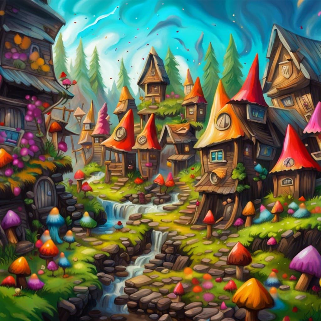 Colorful Gnome Village in Graffiti Art Style