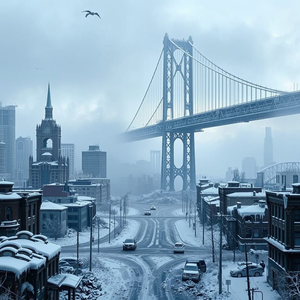 Post-apocalyptic Winter in Ruined San Francisco with Iced Sa...