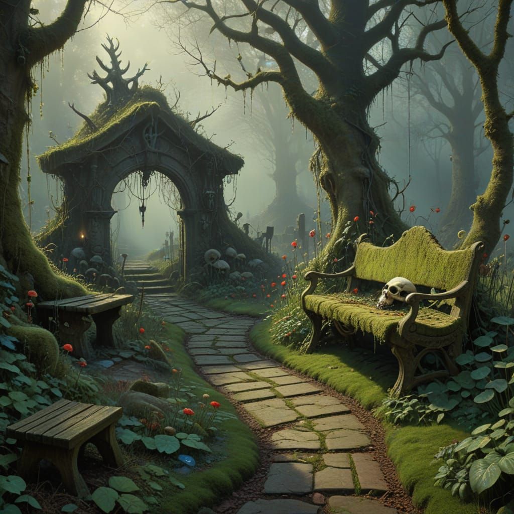 Misty Horror Garden with Deer Skull