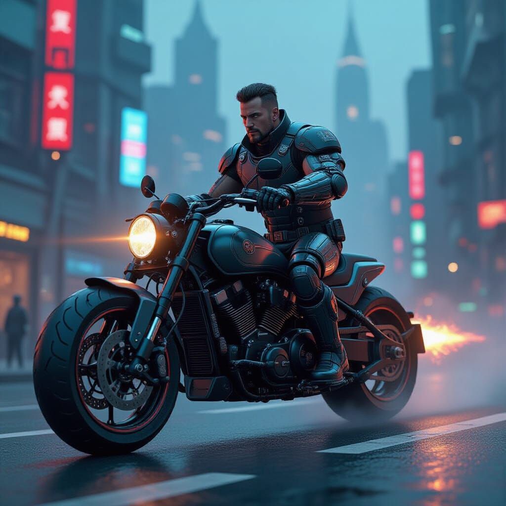 Cyborg Biker in Steampunk City