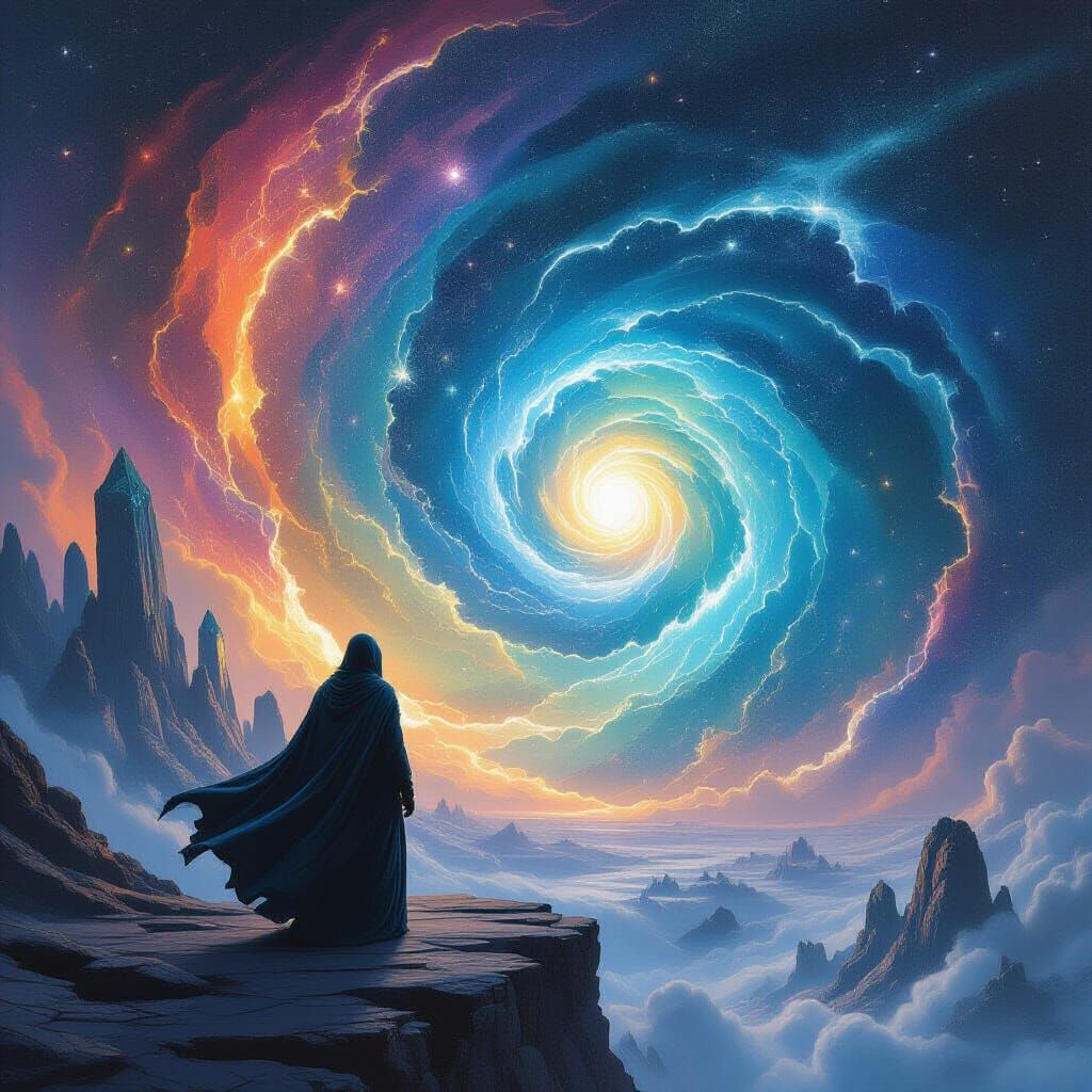 Cosmic Surrealism: Figure Gazing into Alien Vortex