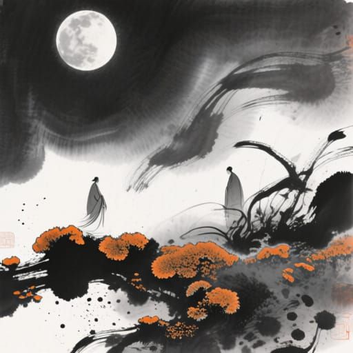 Lichen Transforms Under Moonlight in Ink Wash Style