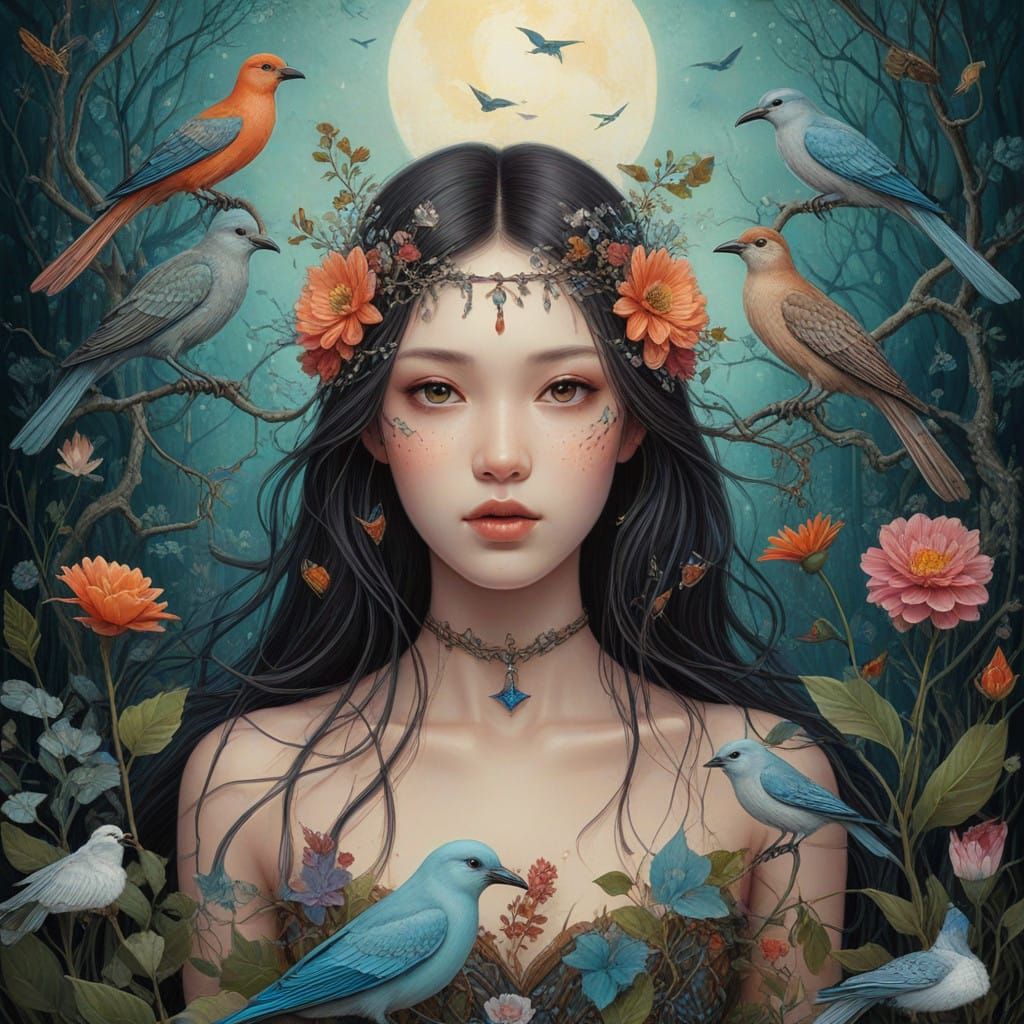 Bird Goddess in Whimsical Prehistoric Realm