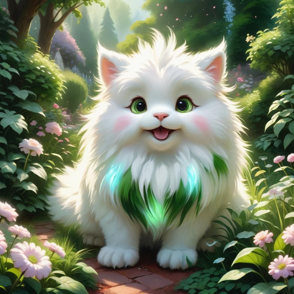 Fluffy Creature in Garden: Hyperrealistic Digital Anime