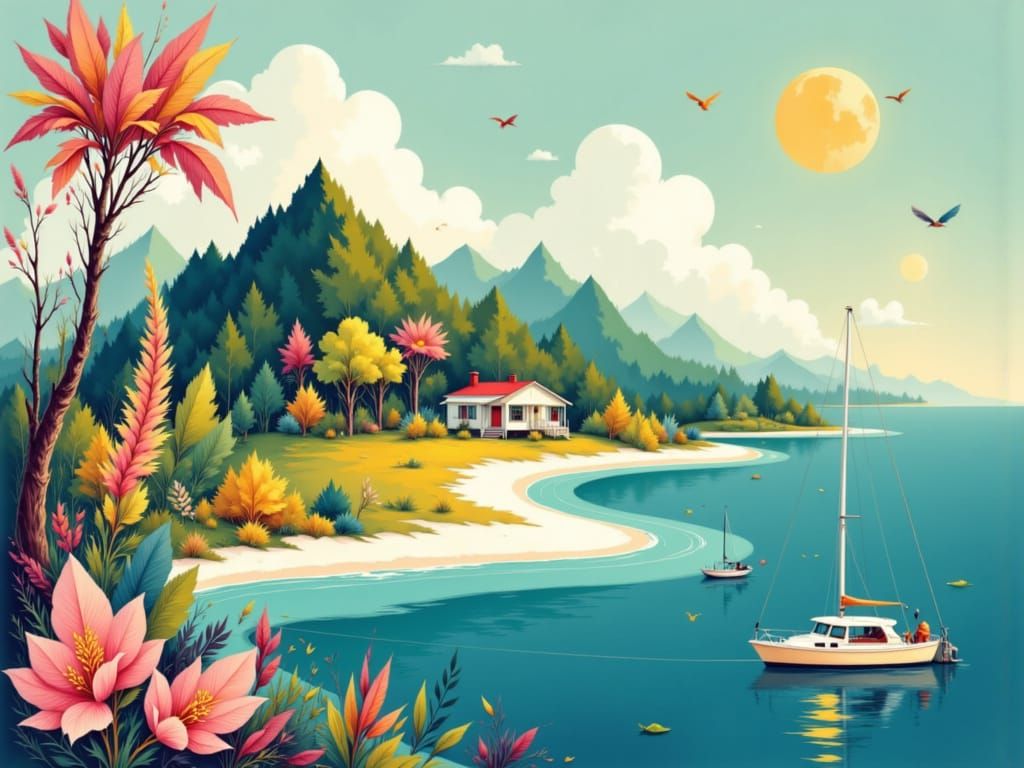 Enchanted Island Travel Poster in Mid-Century Style