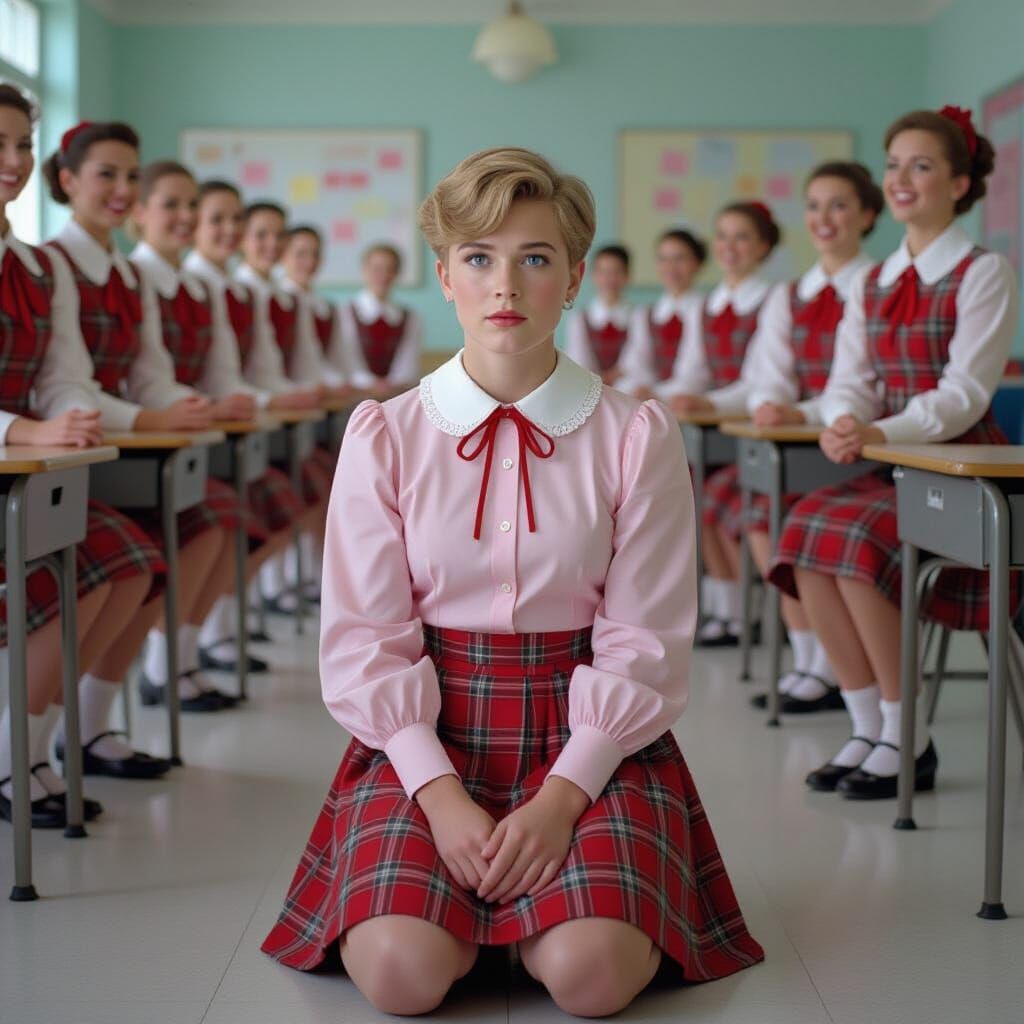 Sad Young Man in Pink Uniform: Cinematic Classroom Scene