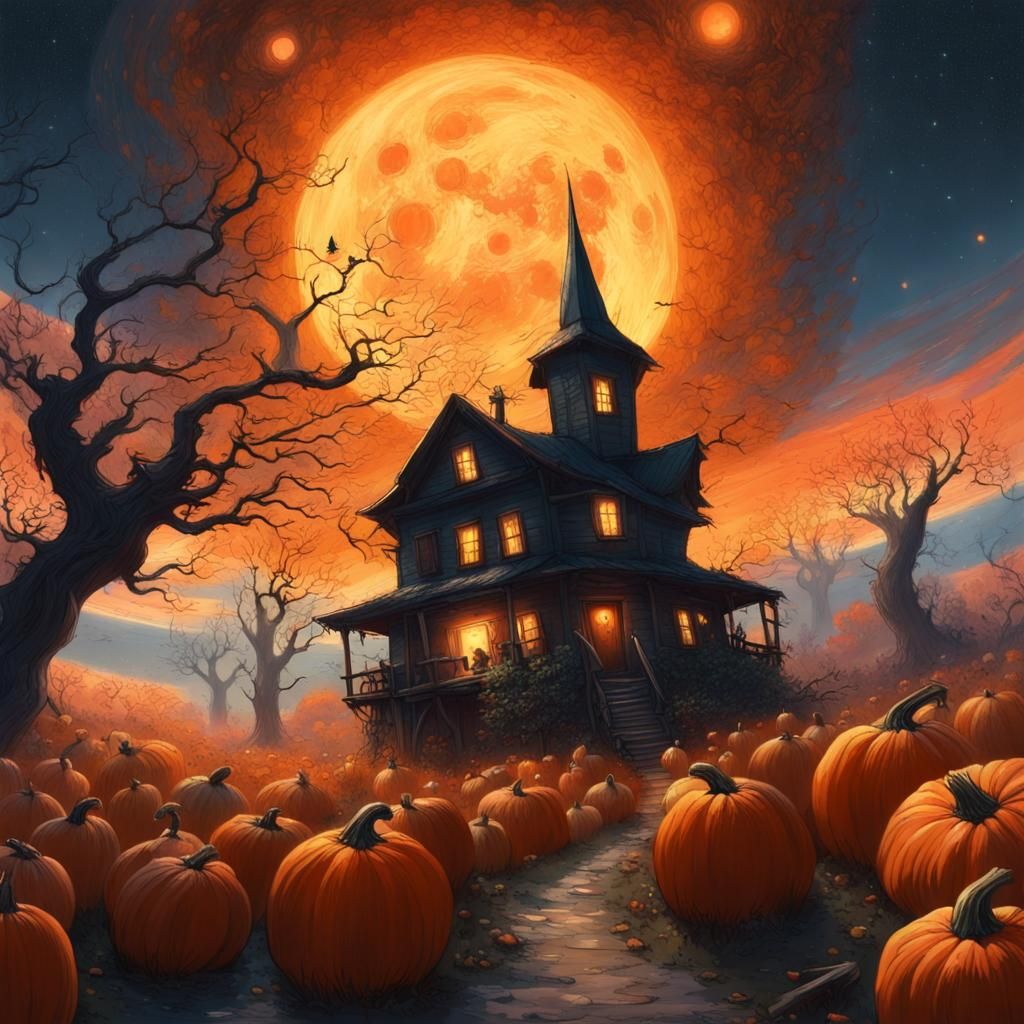 Creepy Halloween Village Digital Illustration