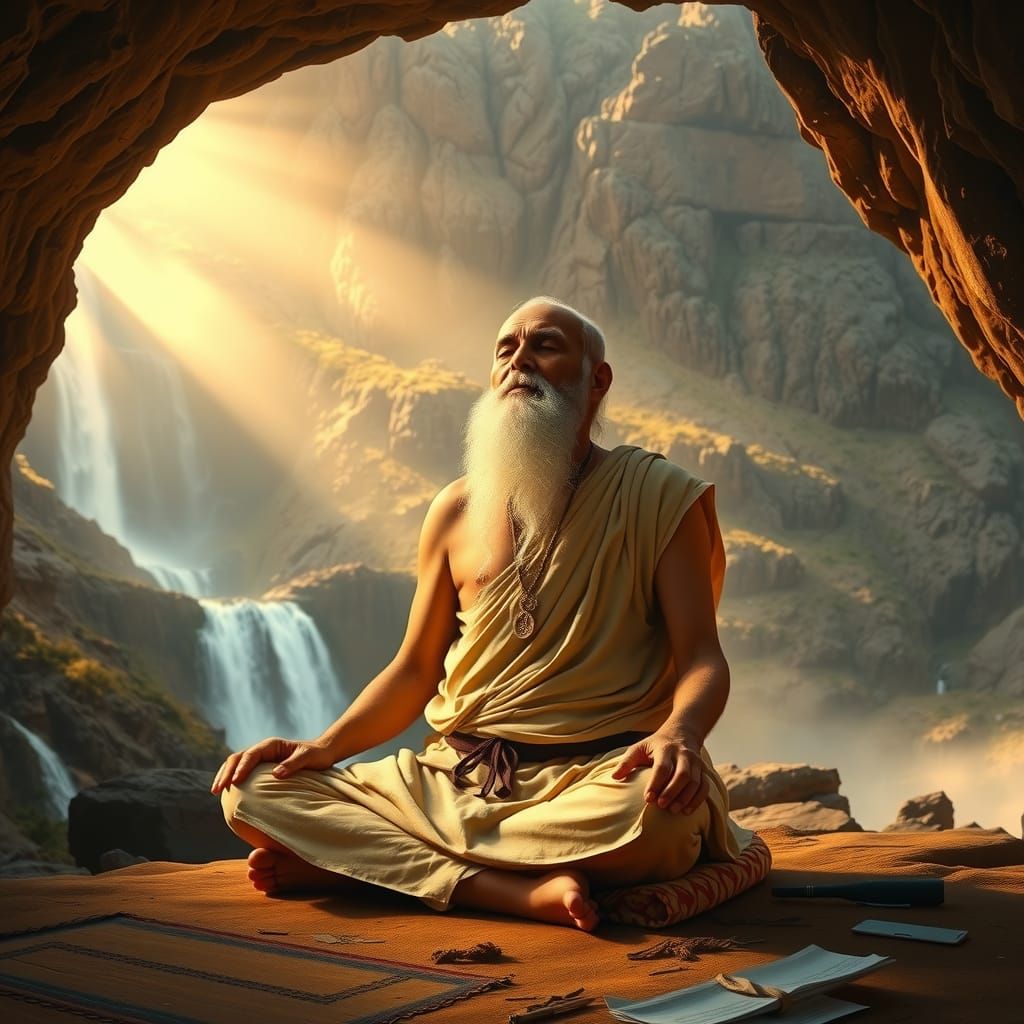 wise yogi in a cave on a mountain with waterfall